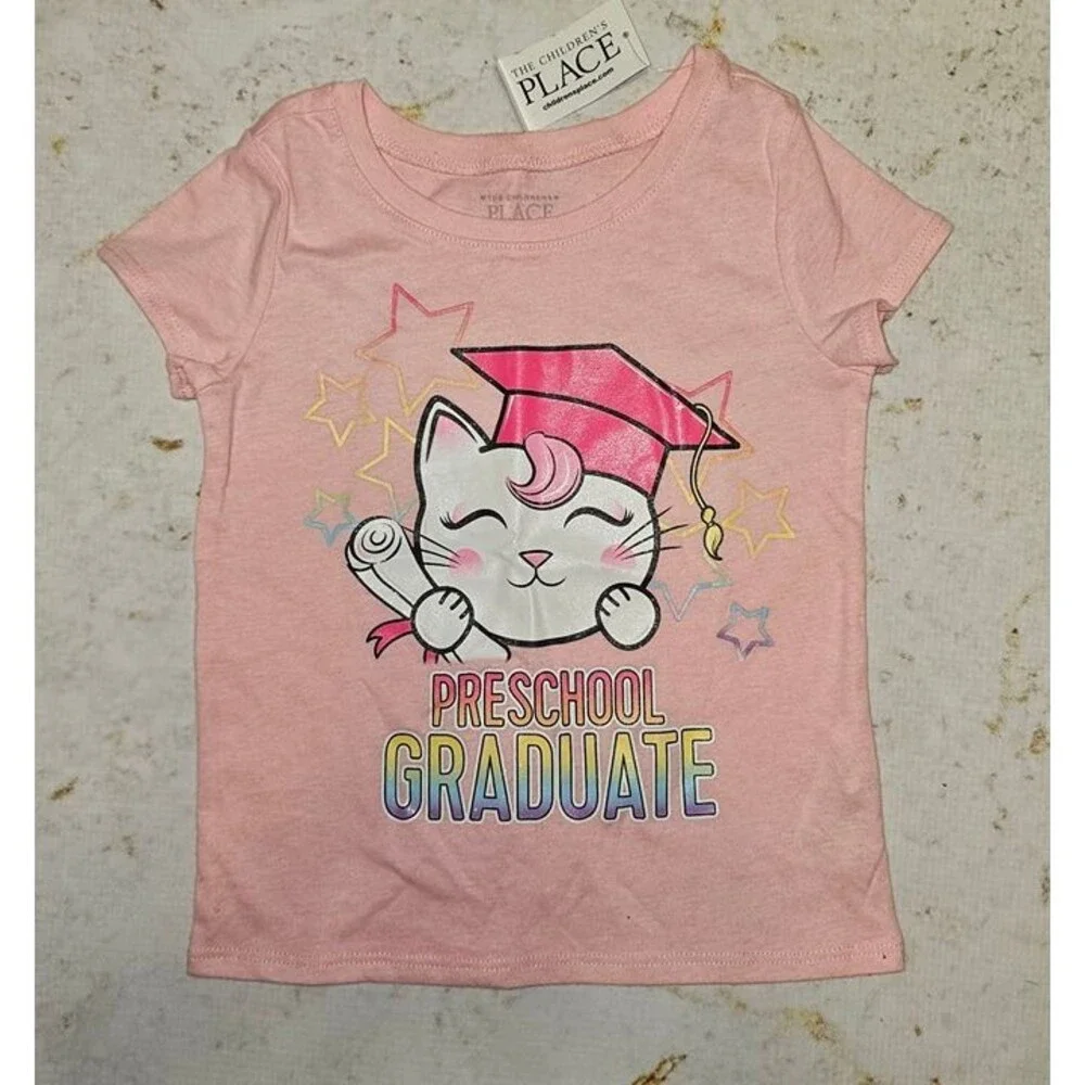 NWT The Children’s Place Preschool Graduate Pink Glitter Cat T-Shirt Size 3T